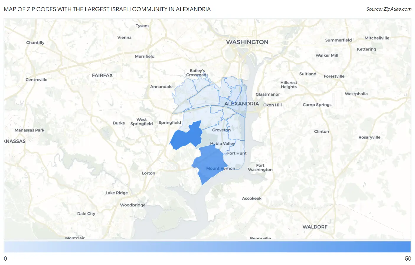 Zip Codes with the Largest Israeli Community in Alexandria Map