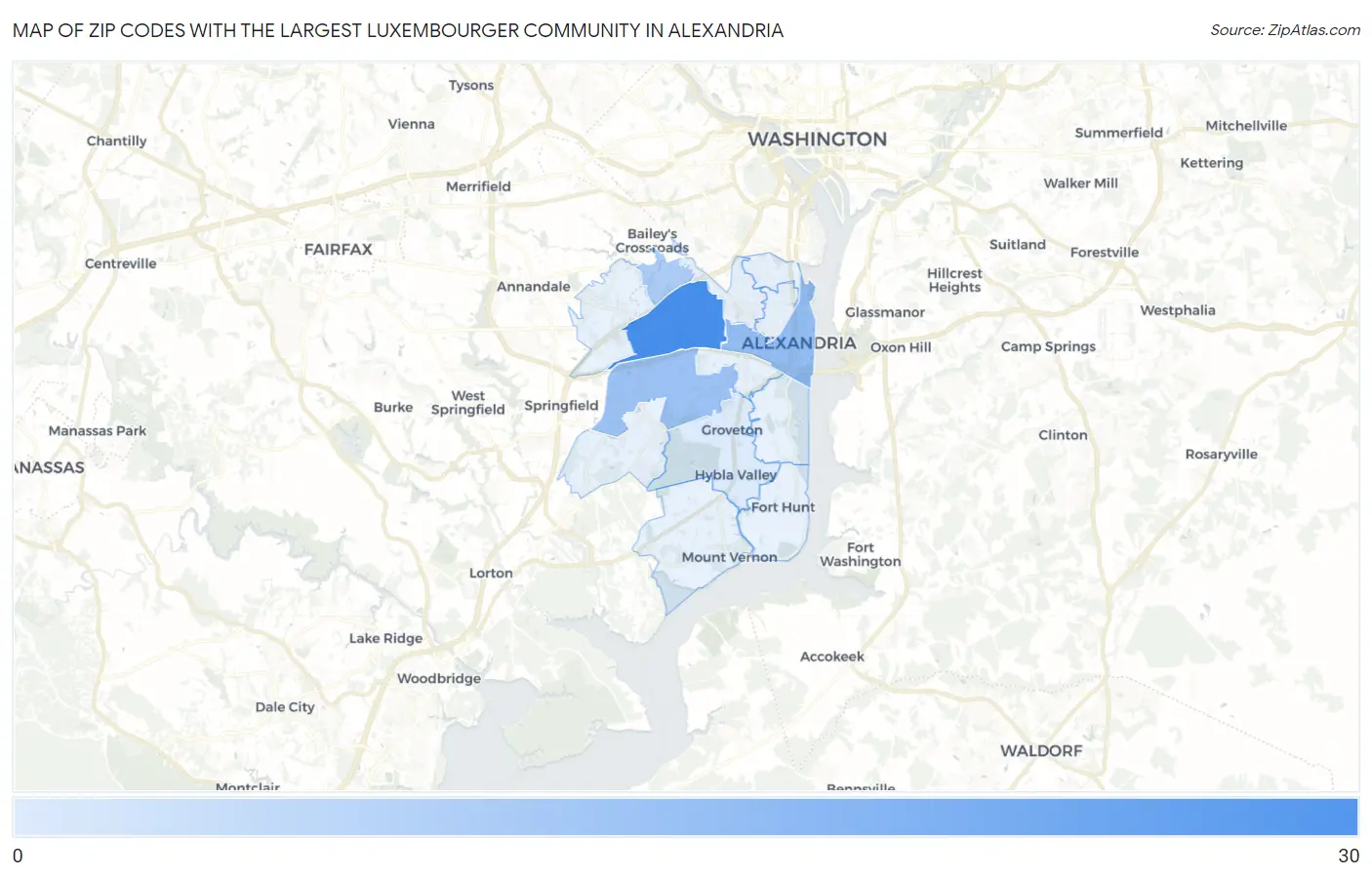 Zip Codes with the Largest Luxembourger Community in Alexandria Map