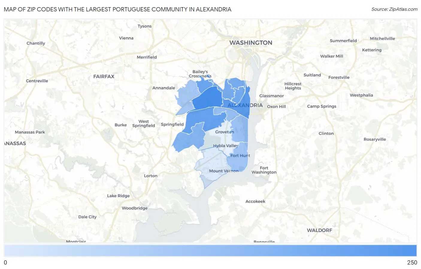 Zip Codes with the Largest Portuguese Community in Alexandria Map