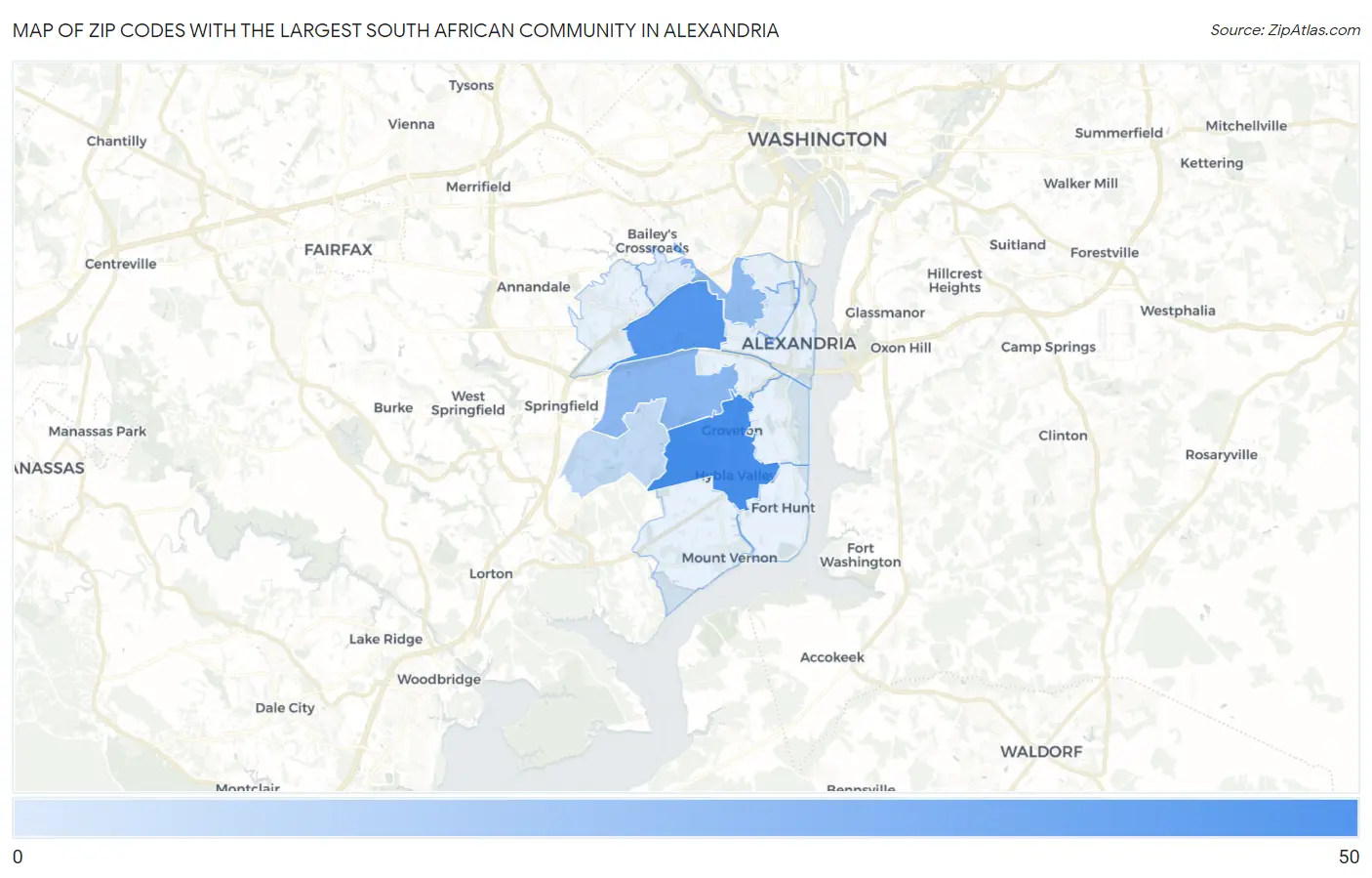 Zip Codes with the Largest South African Community in Alexandria Map