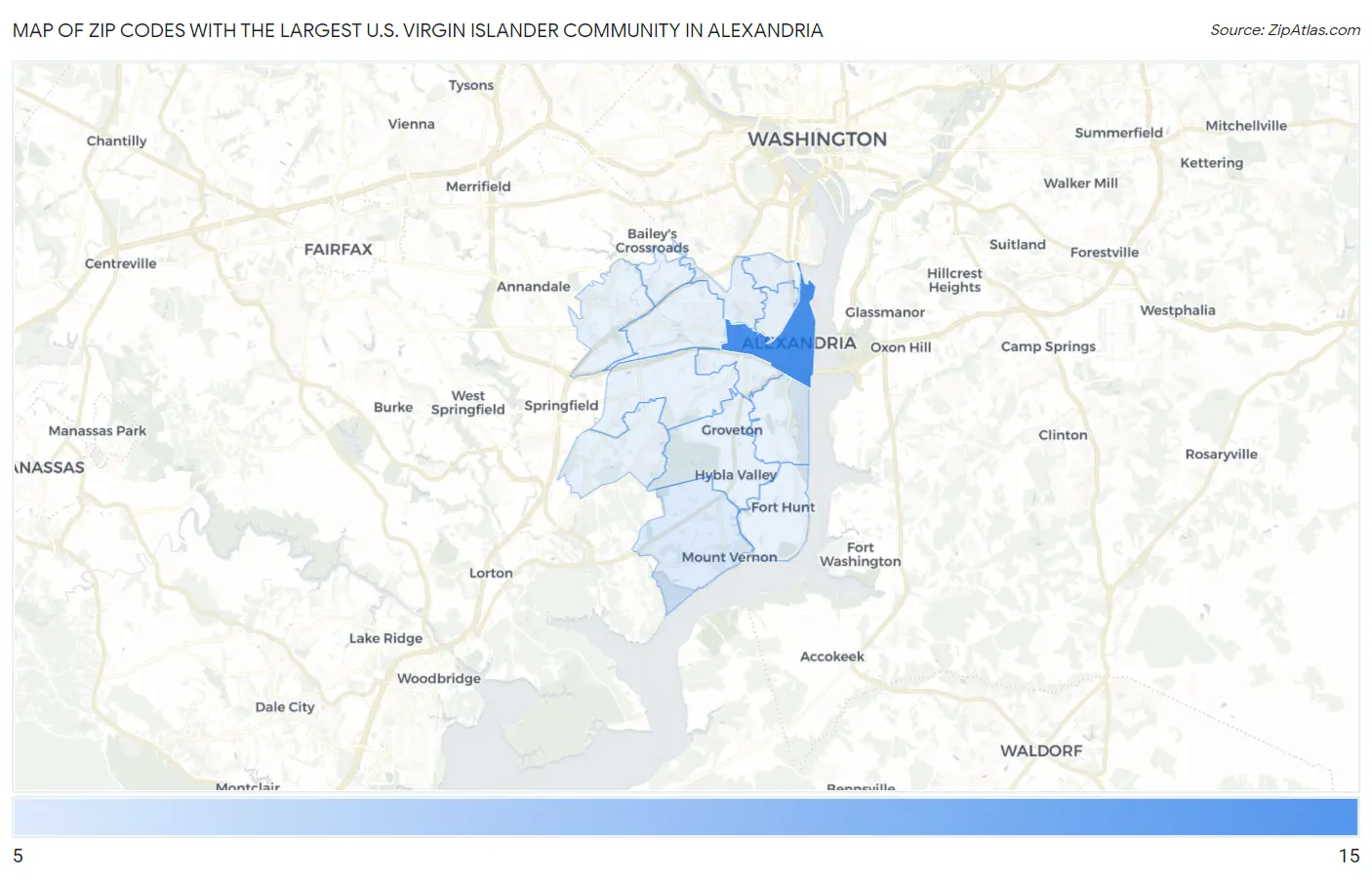 Zip Codes with the Largest U.S. Virgin Islander Community in Alexandria Map
