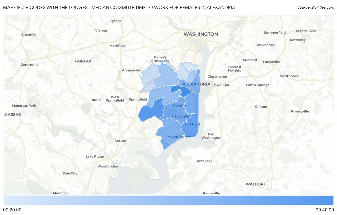Zip Codes with the Longest Median Commute Time to Work for Females in Alexandria Map