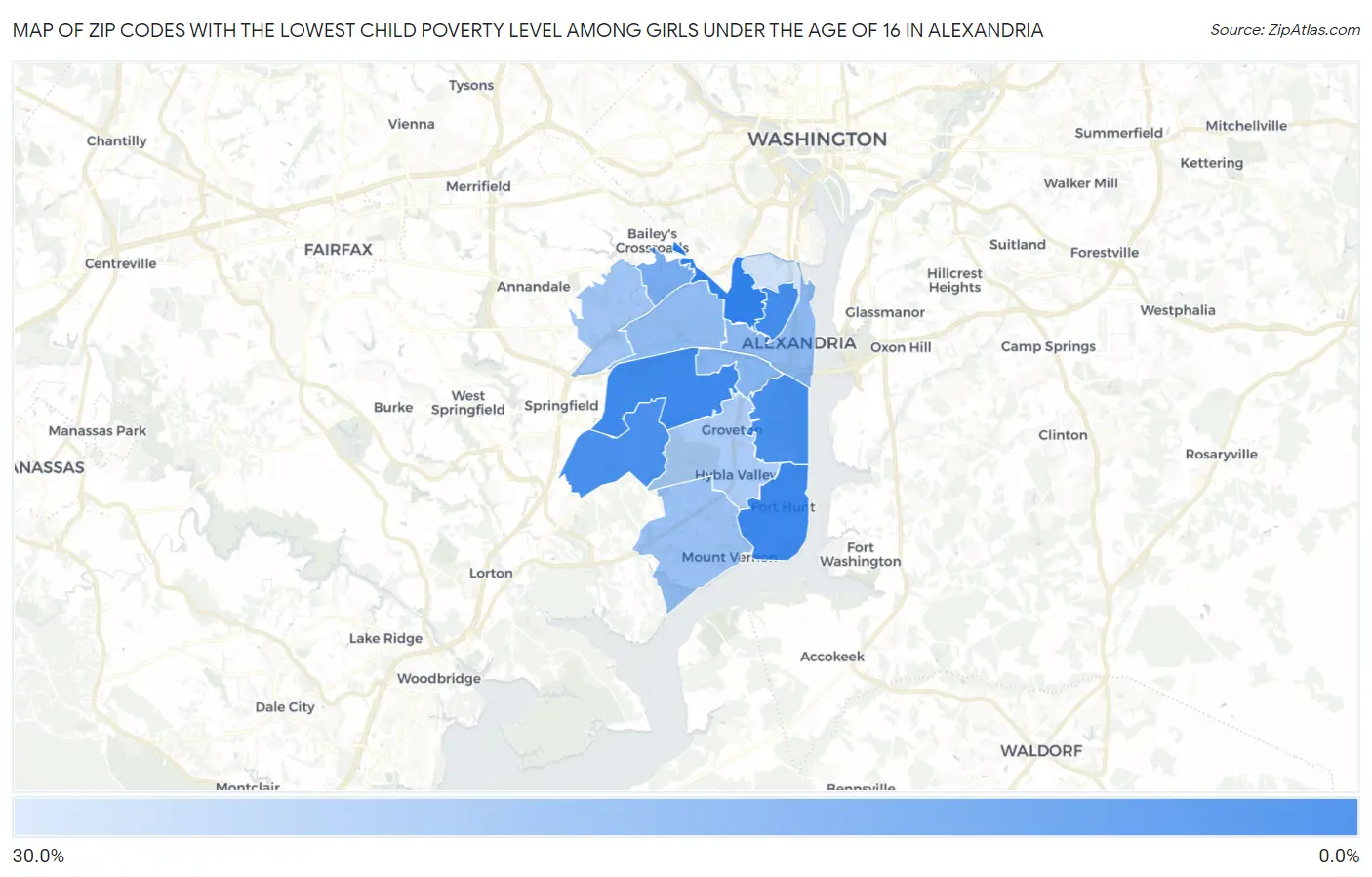 Zip Codes with the Lowest Child Poverty Level Among Girls Under the Age of 16 in Alexandria Map