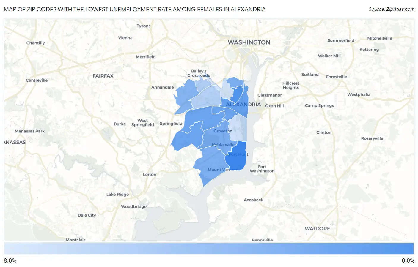 Zip Codes with the Lowest Unemployment Rate Among Females in Alexandria Map