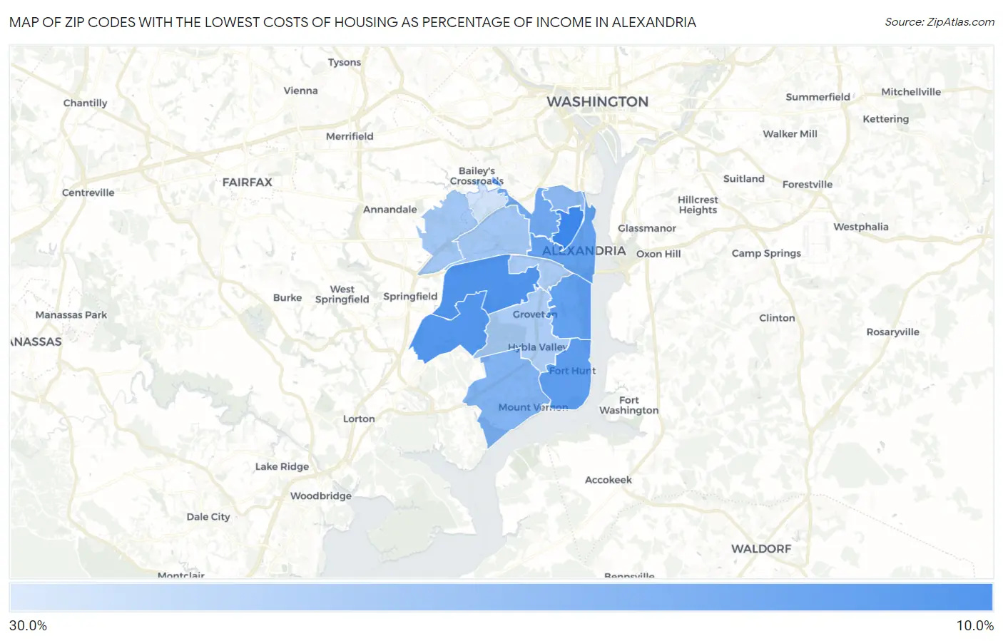 Zip Codes with the Lowest Costs of Housing as Percentage of Income in Alexandria Map