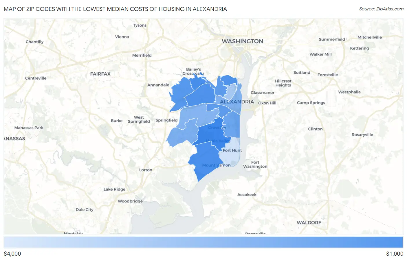 Zip Codes with the Lowest Median Costs of Housing in Alexandria Map