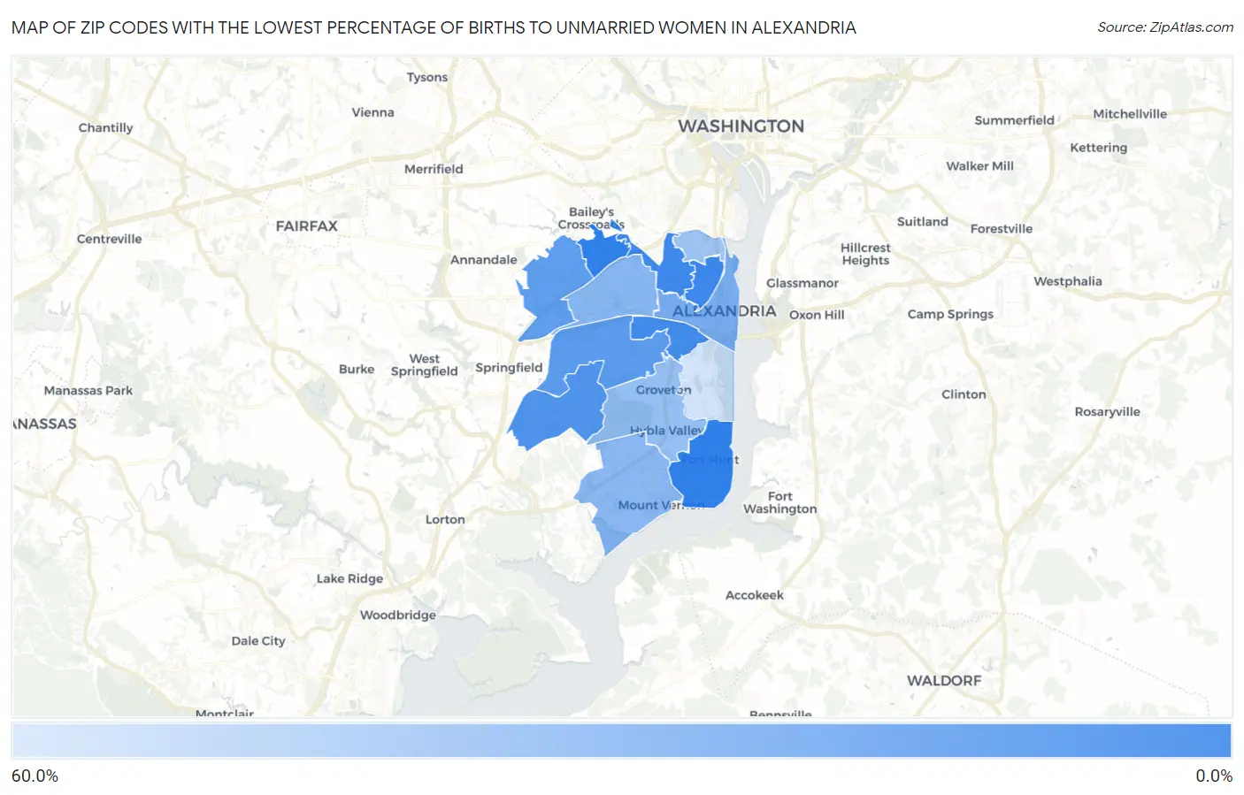Zip Codes with the Lowest Percentage of Births to Unmarried Women in Alexandria Map