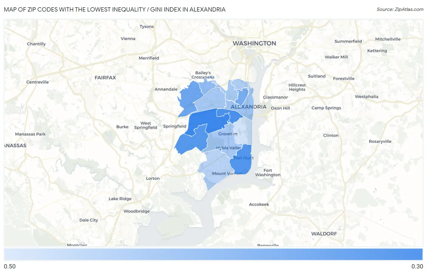 Zip Codes with the Lowest Inequality / Gini Index in Alexandria Map