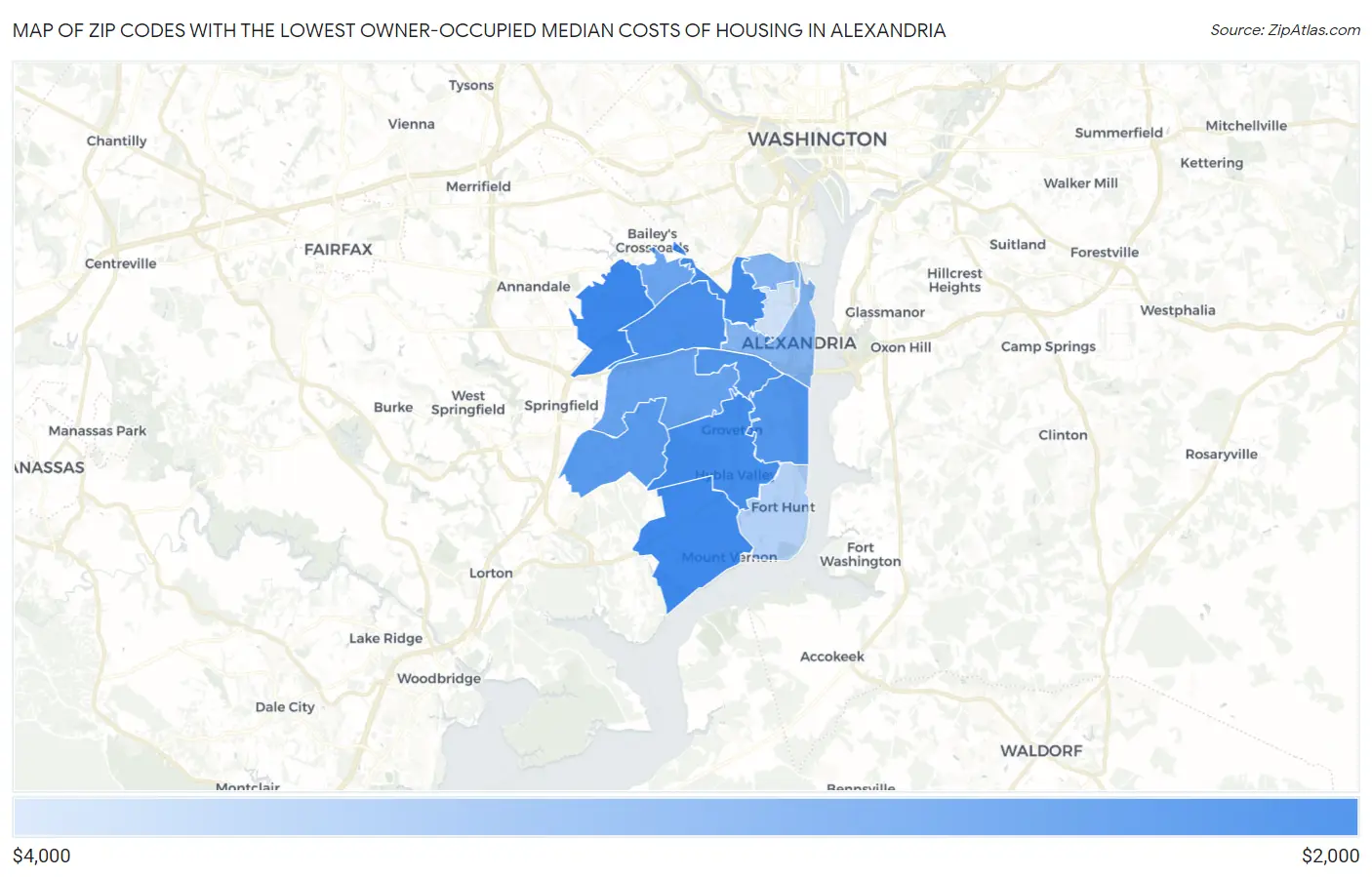 Zip Codes with the Lowest Owner-Occupied Median Costs of Housing in Alexandria Map