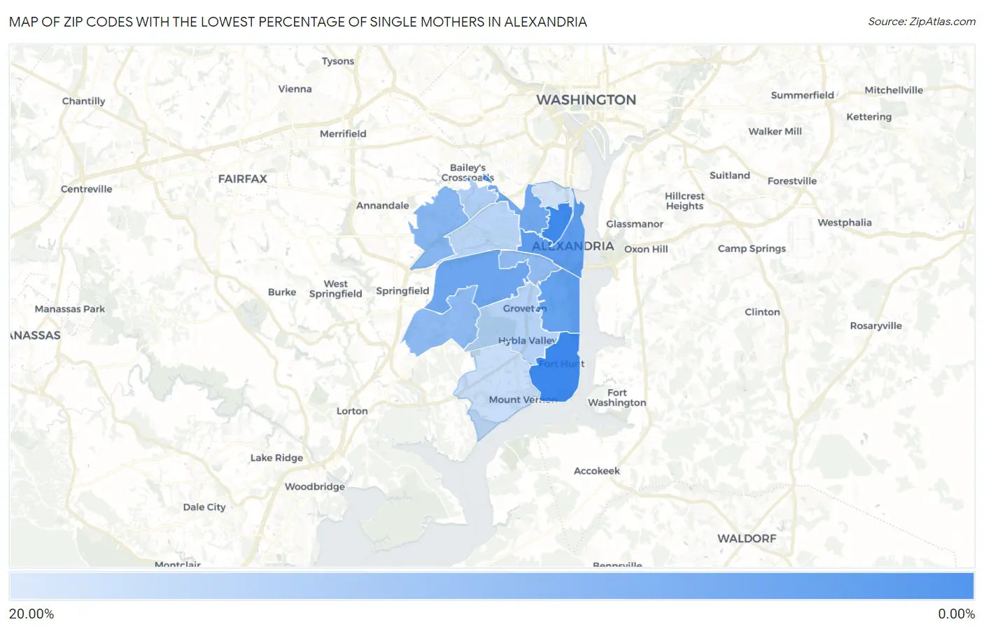Zip Codes with the Lowest Percentage of Single Mothers in Alexandria Map