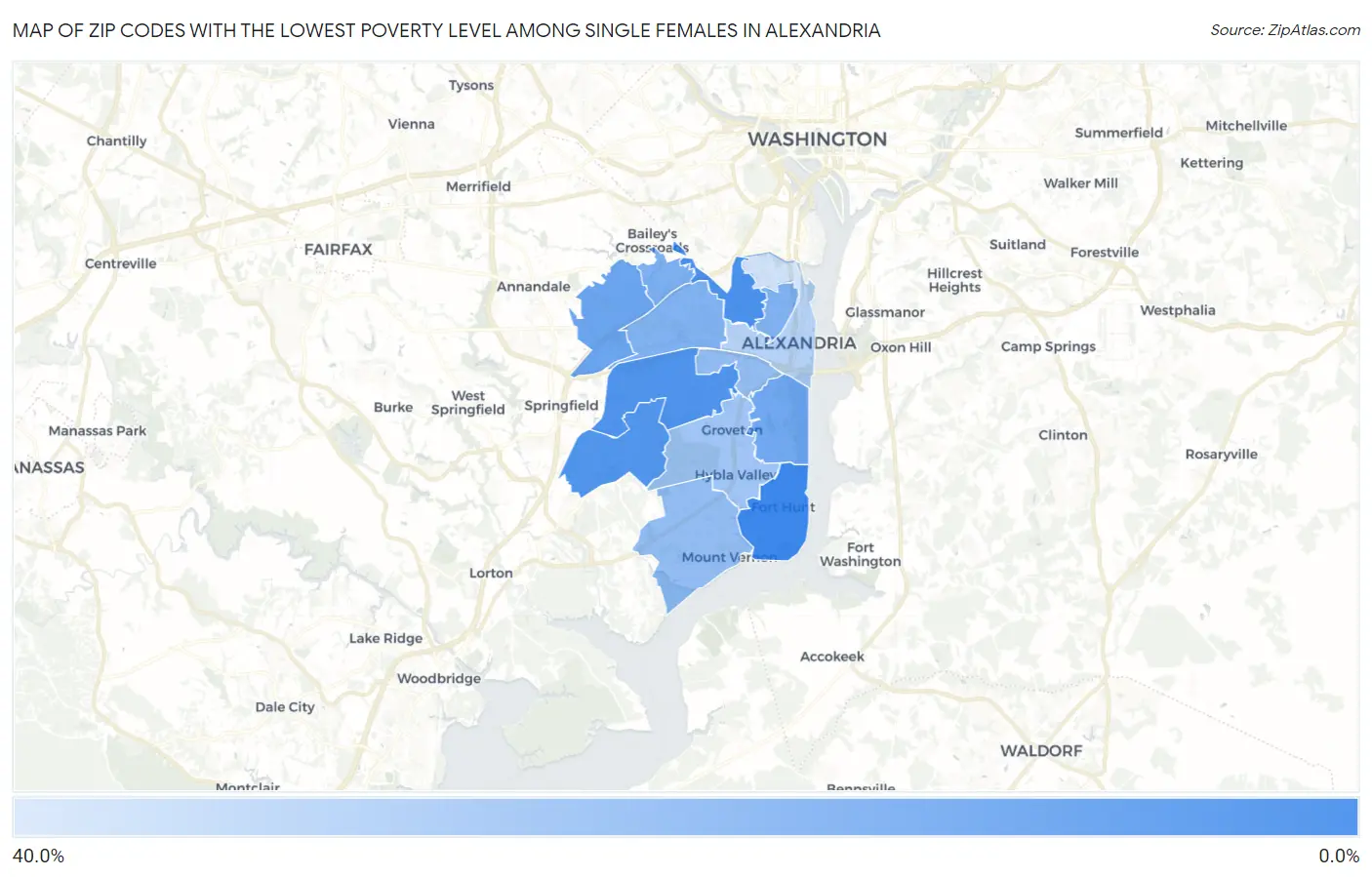Zip Codes with the Lowest Poverty Level Among Single Females in Alexandria Map