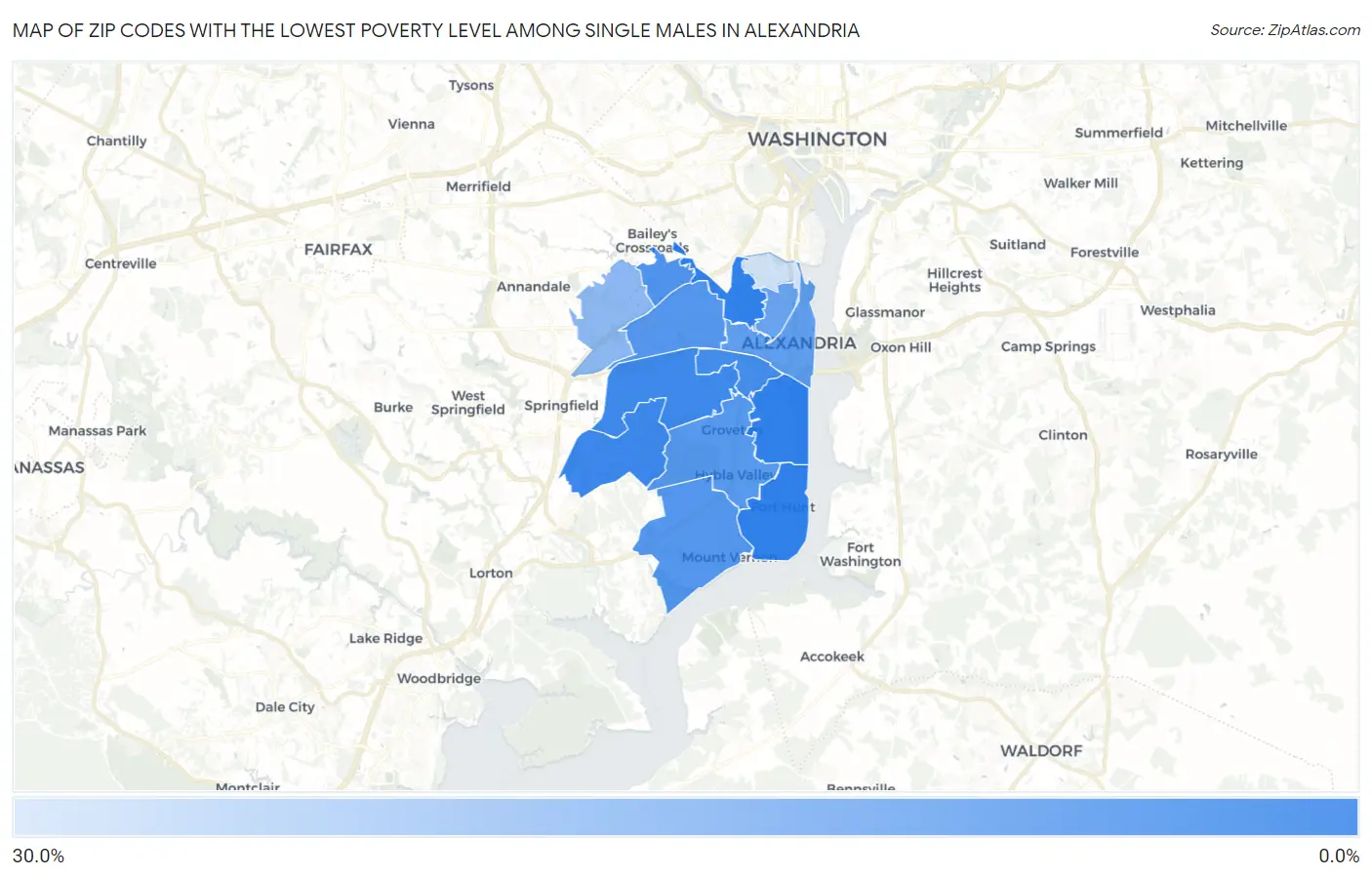 Zip Codes with the Lowest Poverty Level Among Single Males in Alexandria Map