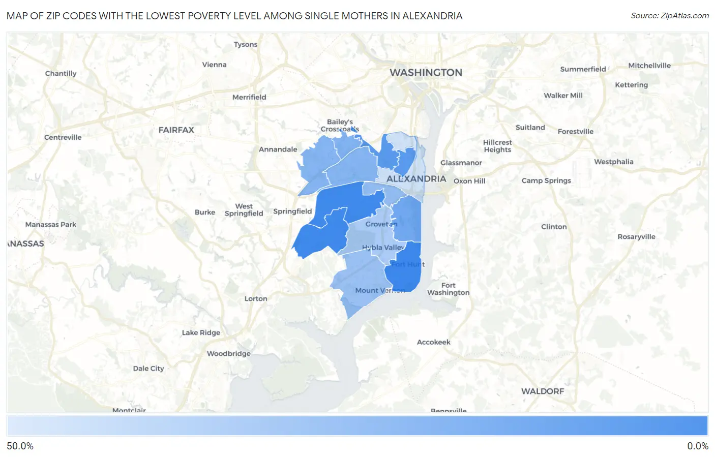 Zip Codes with the Lowest Poverty Level Among Single Mothers in Alexandria Map