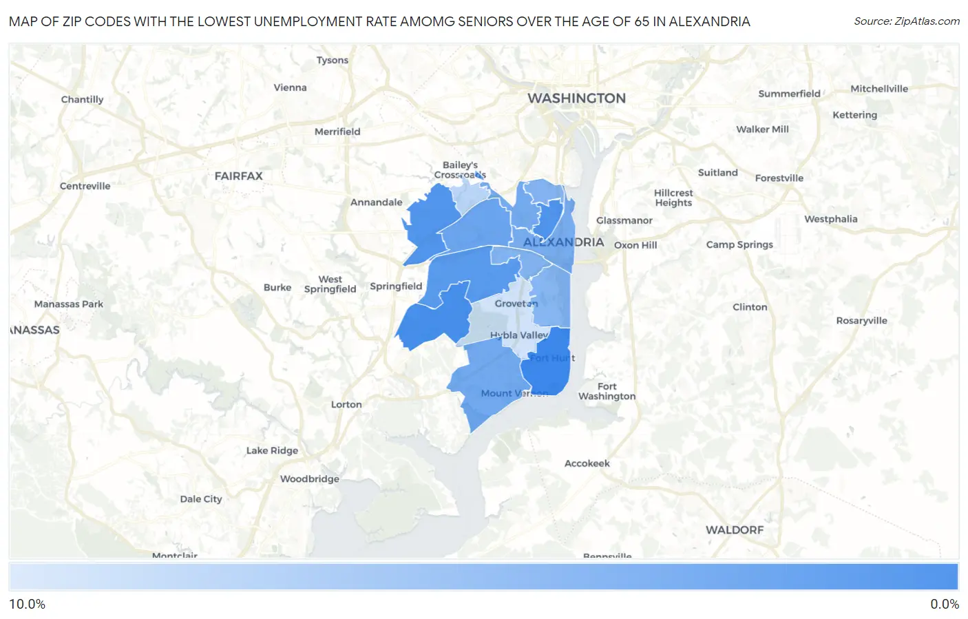 Zip Codes with the Lowest Unemployment Rate Amomg Seniors Over the Age of 65 in Alexandria Map