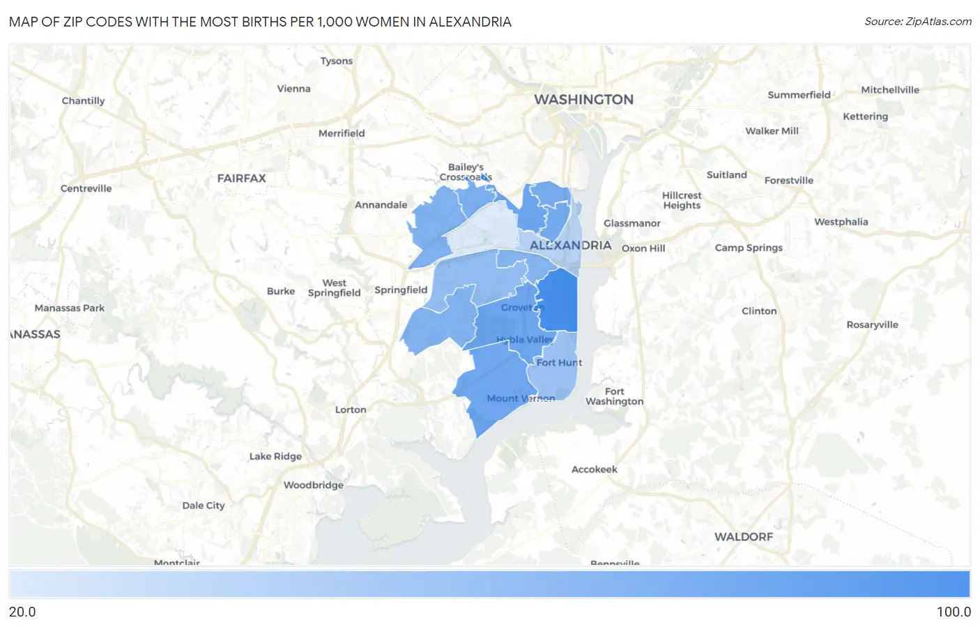 Zip Codes with the Most Births per 1,000 Women in Alexandria Map