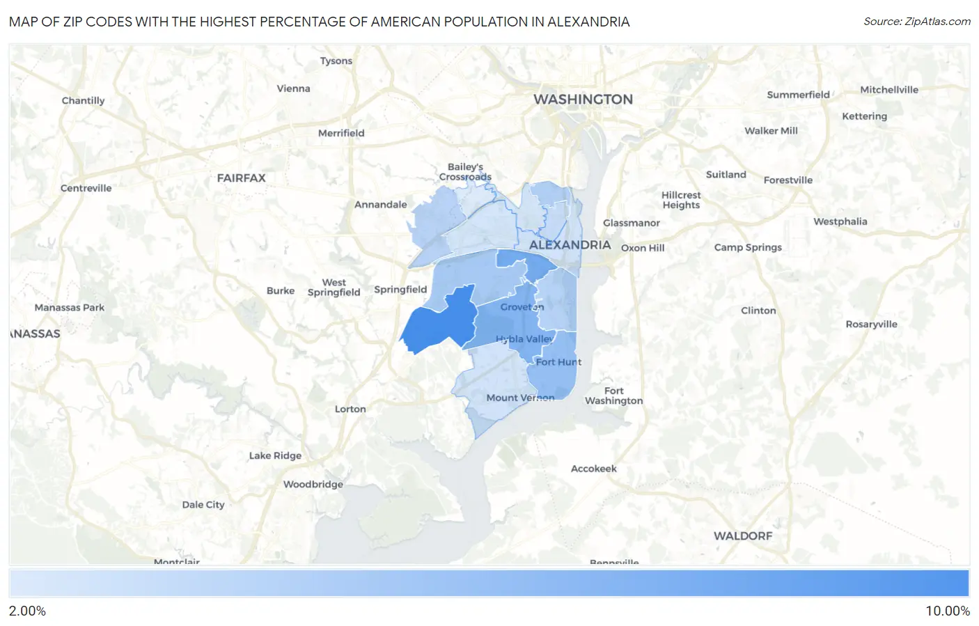 Zip Codes with the Highest Percentage of American Population in Alexandria Map