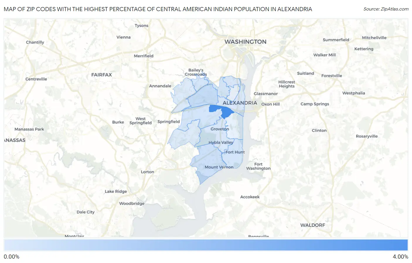 Zip Codes with the Highest Percentage of Central American Indian Population in Alexandria Map