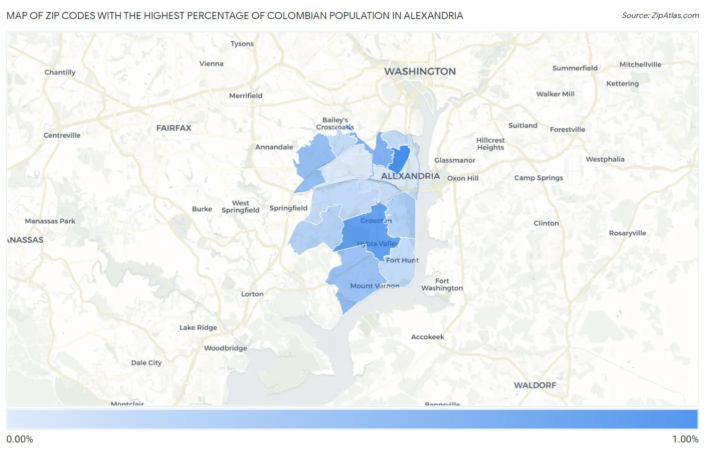 Zip Codes with the Highest Percentage of Colombian Population in Alexandria Map