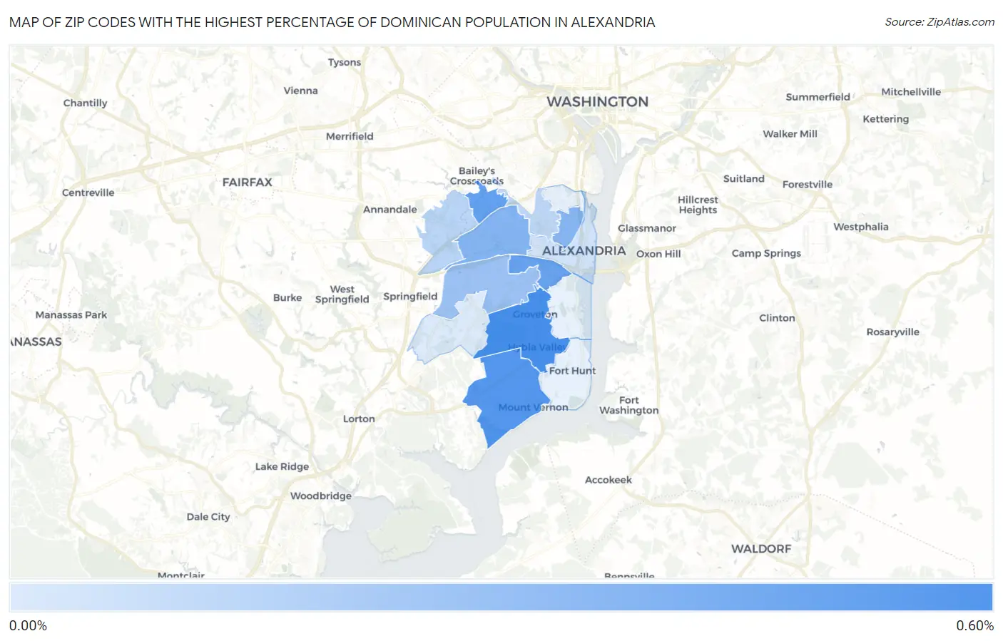 Zip Codes with the Highest Percentage of Dominican Population in Alexandria Map