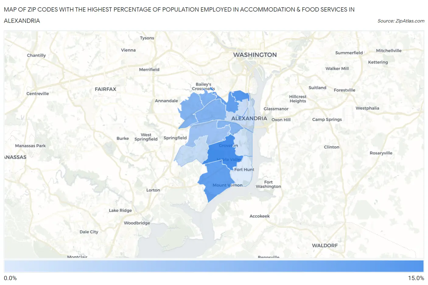 Zip Codes with the Highest Percentage of Population Employed in Accommodation & Food Services in Alexandria Map