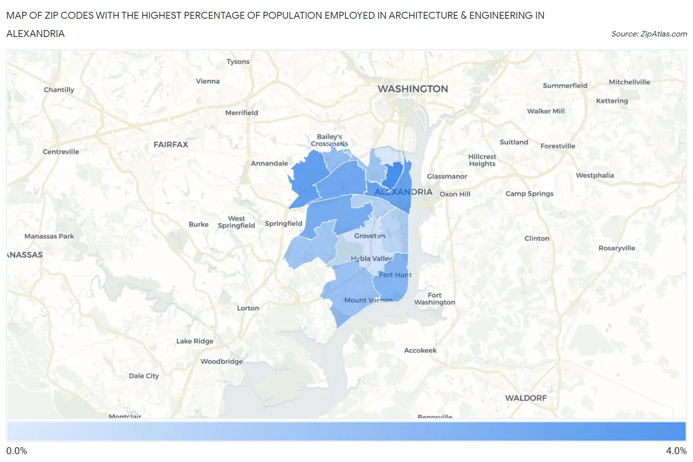 Zip Codes with the Highest Percentage of Population Employed in Architecture & Engineering in Alexandria Map