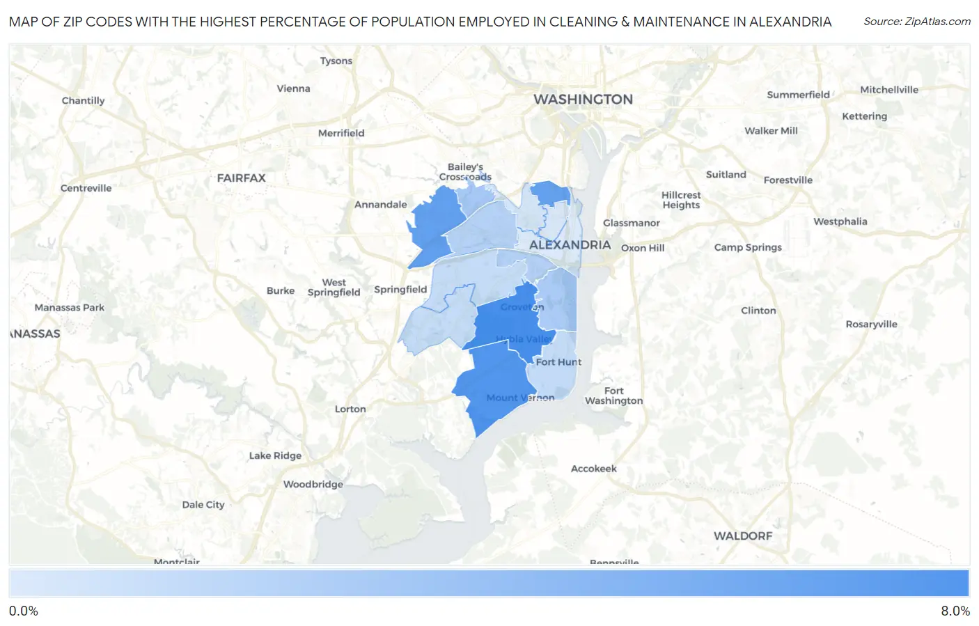Zip Codes with the Highest Percentage of Population Employed in Cleaning & Maintenance in Alexandria Map