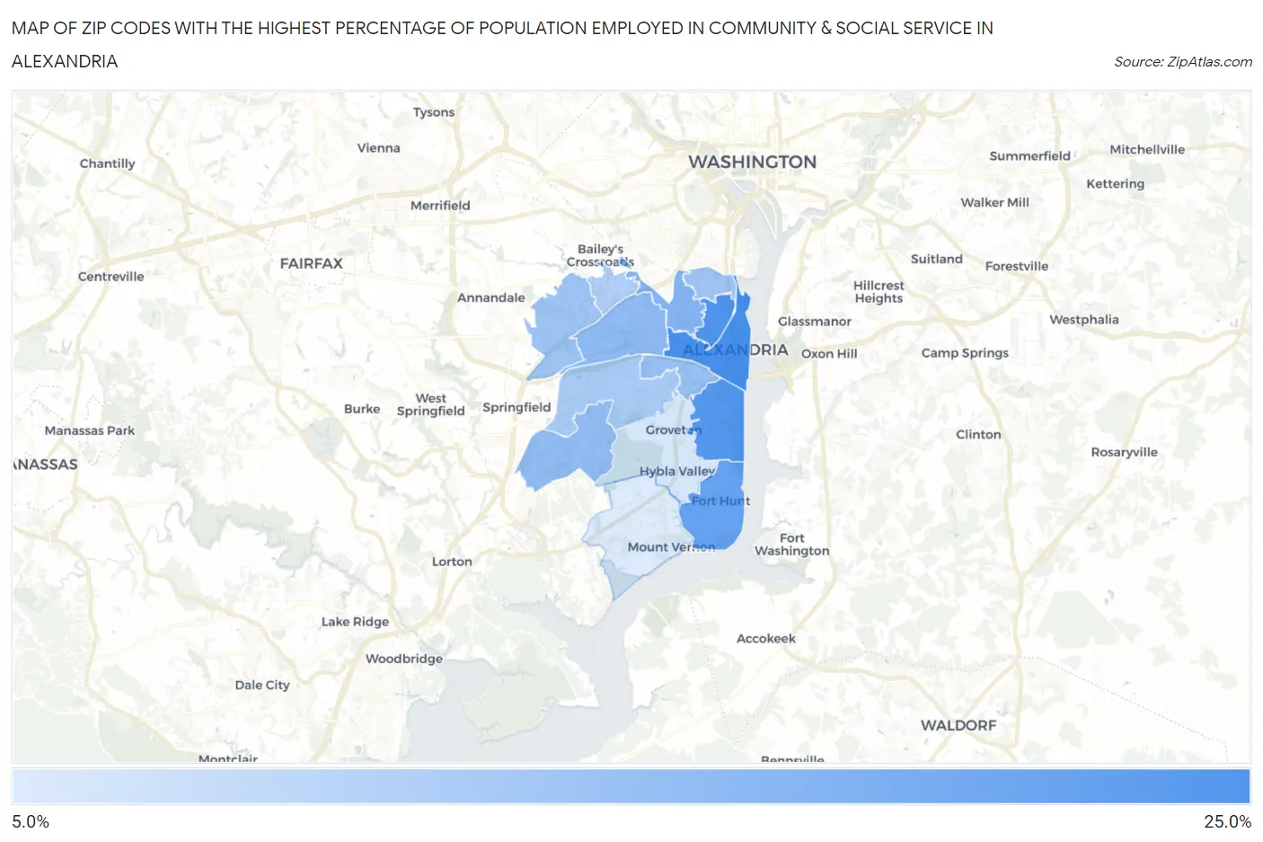 Zip Codes with the Highest Percentage of Population Employed in Community & Social Service  in Alexandria Map