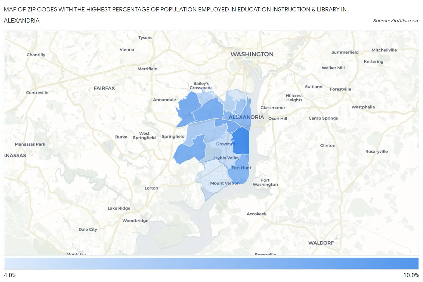 Zip Codes with the Highest Percentage of Population Employed in Education Instruction & Library in Alexandria Map