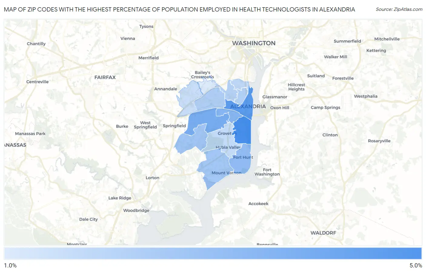 Zip Codes with the Highest Percentage of Population Employed in Health Technologists in Alexandria Map