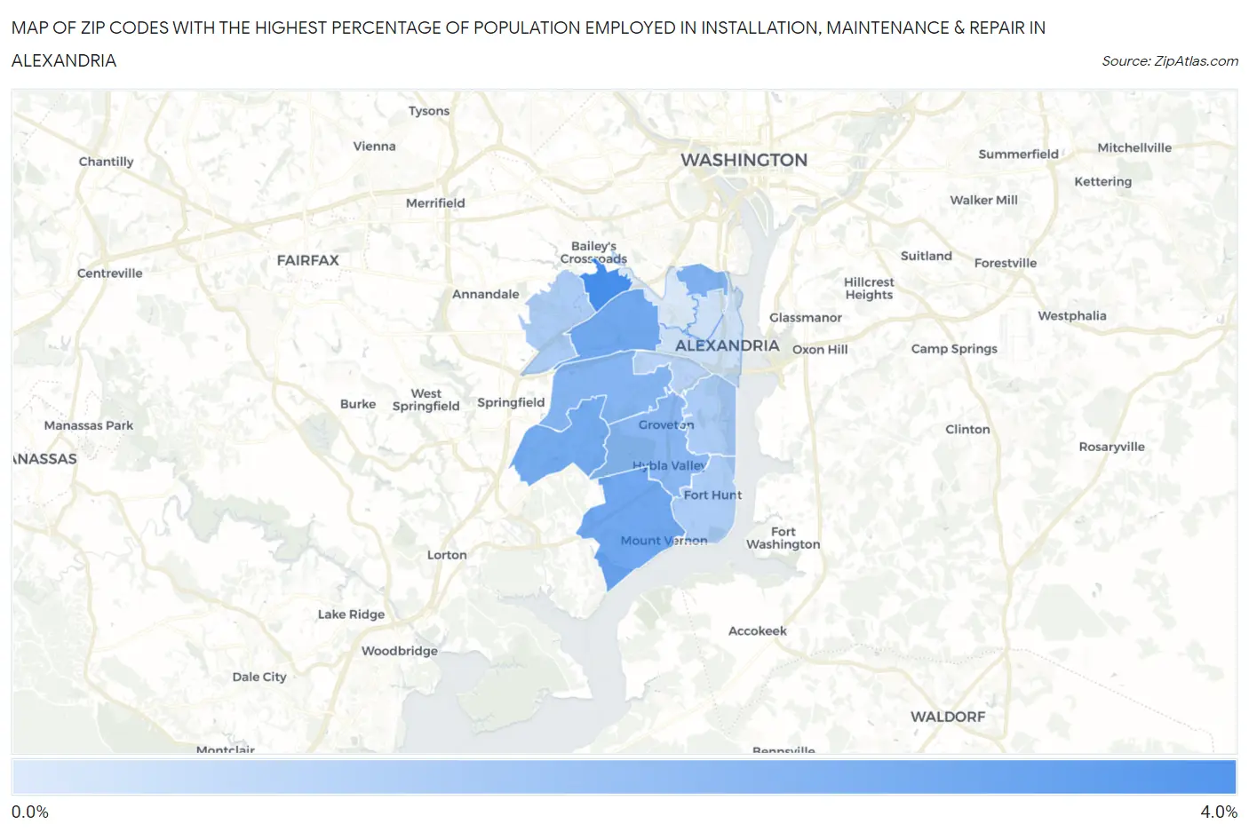 Zip Codes with the Highest Percentage of Population Employed in Installation, Maintenance & Repair in Alexandria Map