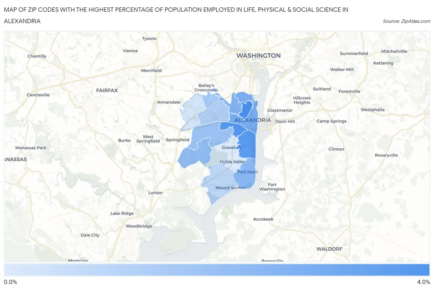 Zip Codes with the Highest Percentage of Population Employed in Life, Physical & Social Science in Alexandria Map