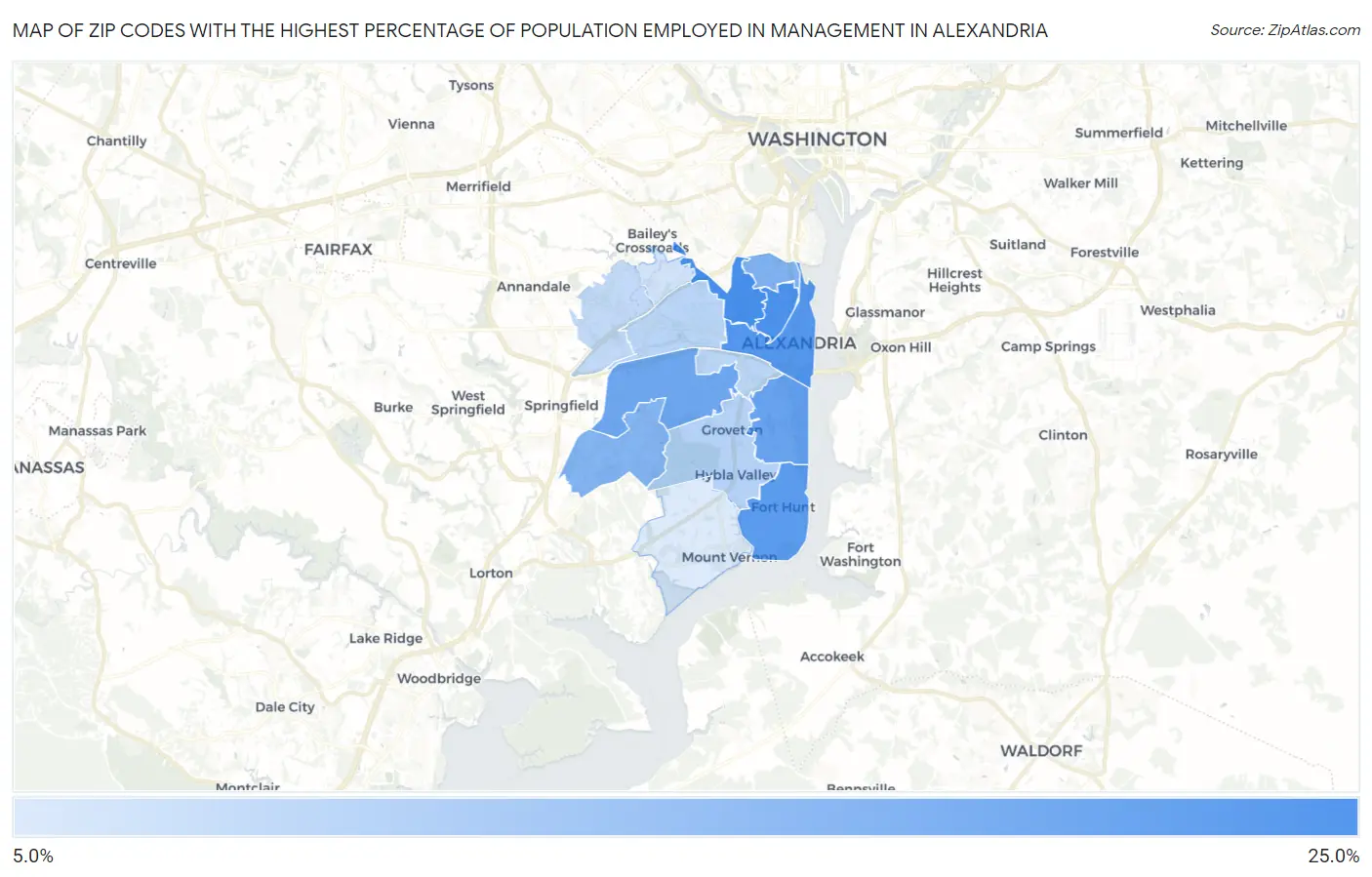 Zip Codes with the Highest Percentage of Population Employed in Management in Alexandria Map