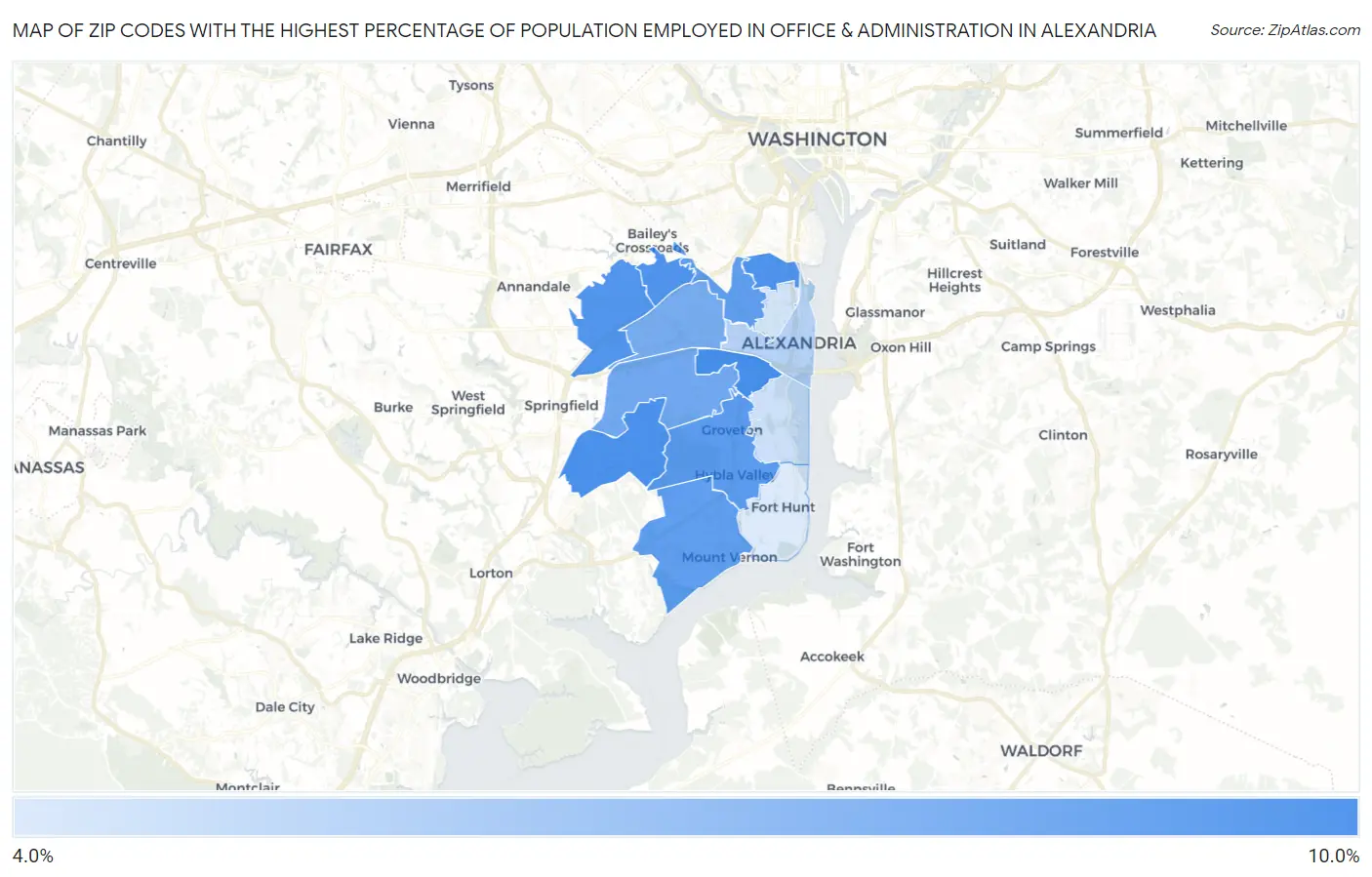 Zip Codes with the Highest Percentage of Population Employed in Office & Administration in Alexandria Map