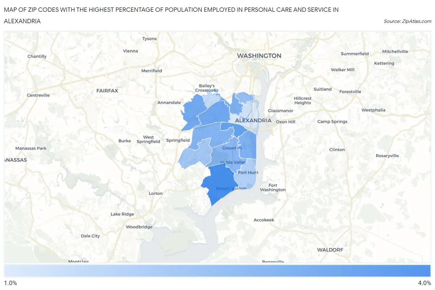 Zip Codes with the Highest Percentage of Population Employed in Personal Care and Service in Alexandria Map