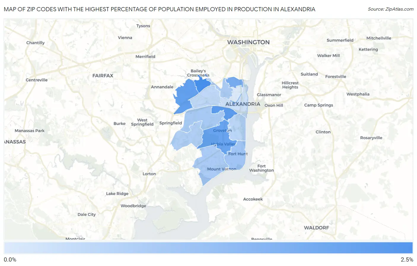 Zip Codes with the Highest Percentage of Population Employed in Production in Alexandria Map
