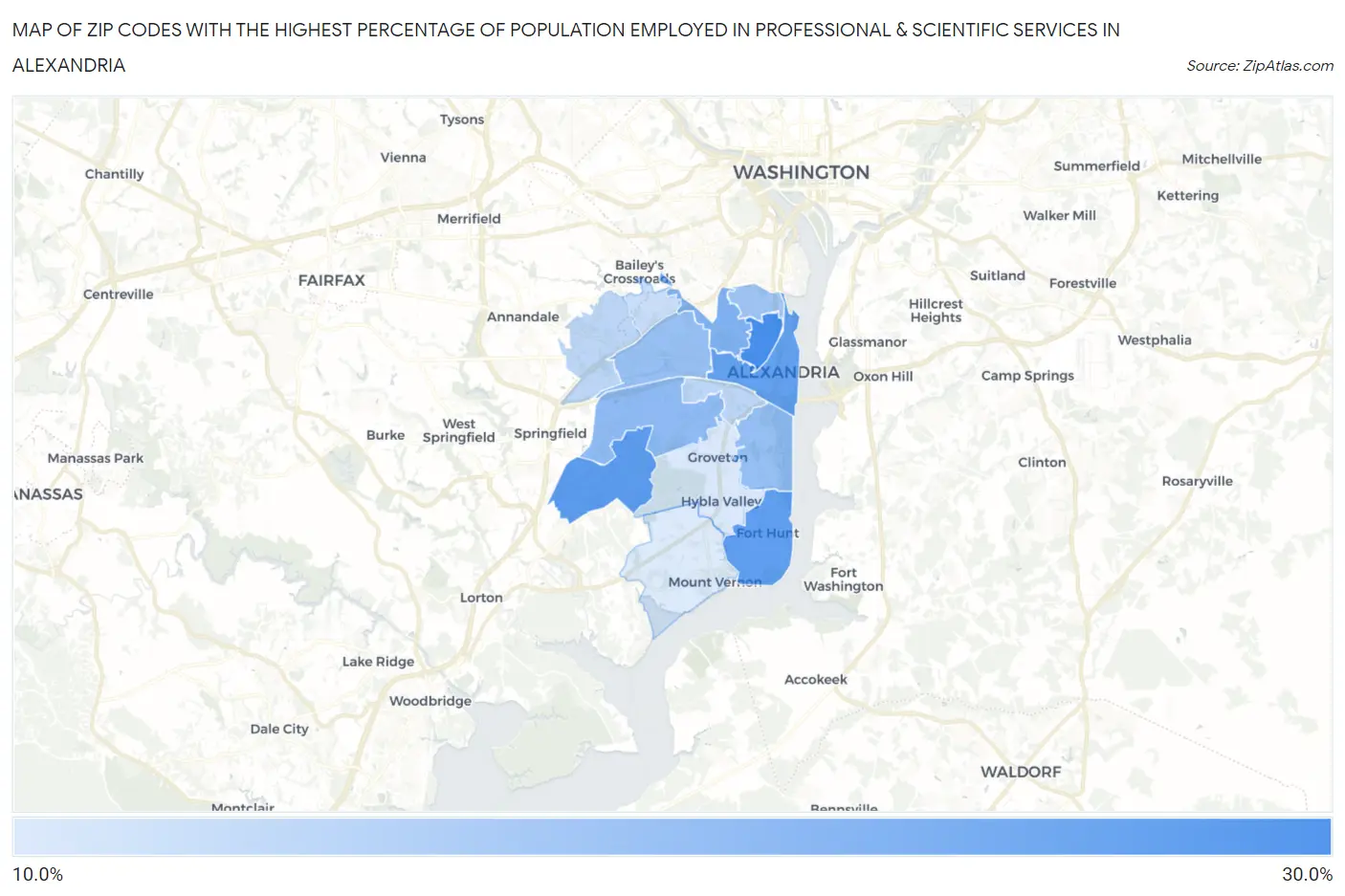 Zip Codes with the Highest Percentage of Population Employed in Professional & Scientific Services in Alexandria Map