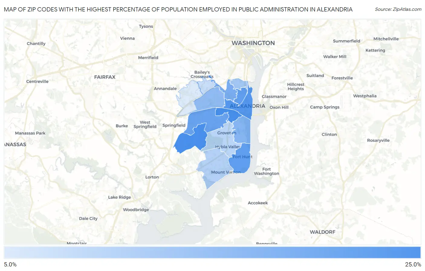 Zip Codes with the Highest Percentage of Population Employed in Public Administration in Alexandria Map