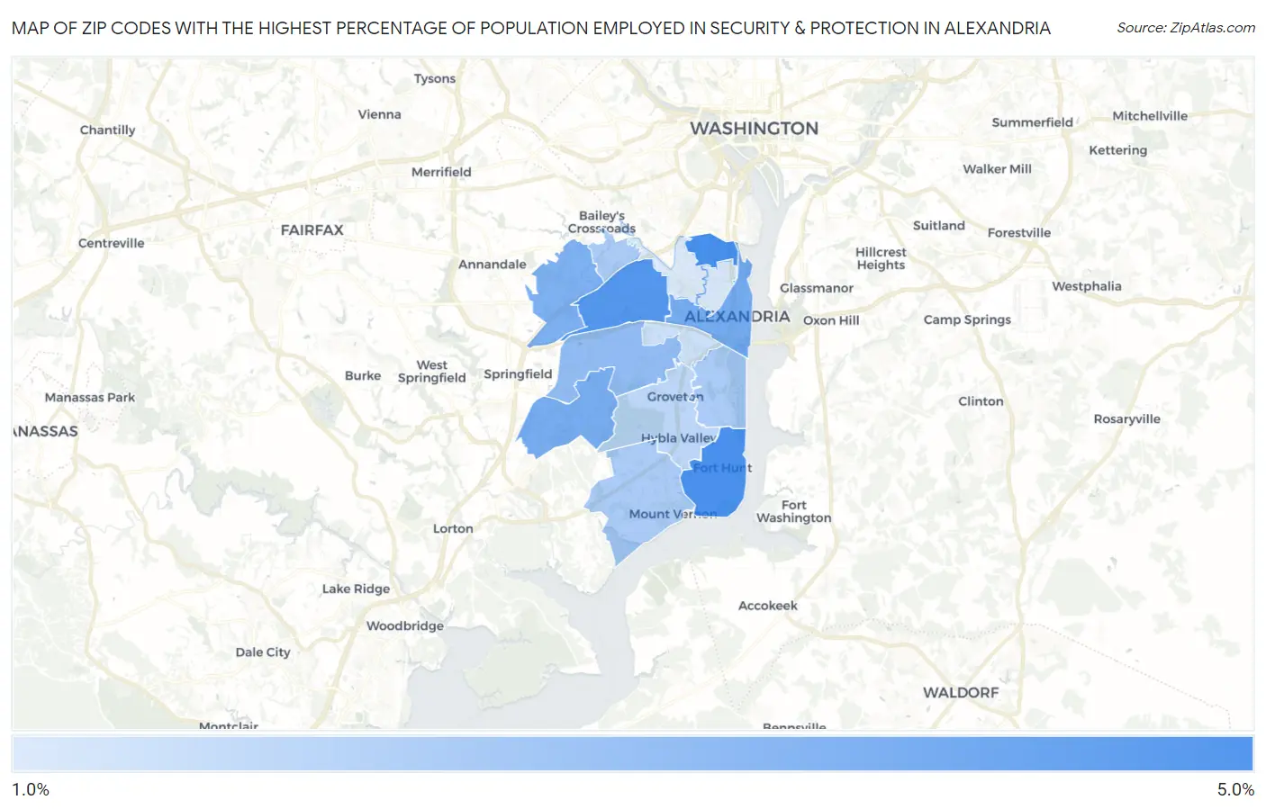 Zip Codes with the Highest Percentage of Population Employed in Security & Protection in Alexandria Map