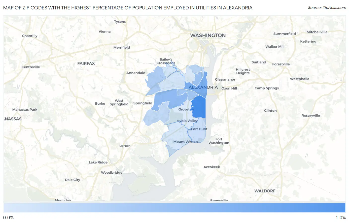 Zip Codes with the Highest Percentage of Population Employed in Utilities in Alexandria Map