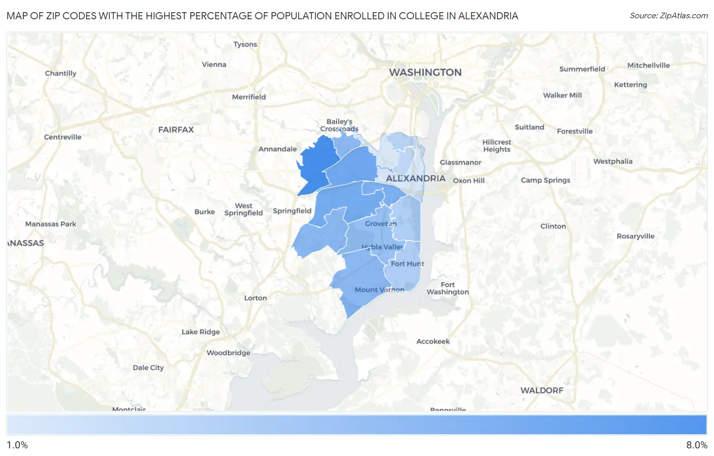 Zip Codes with the Highest Percentage of Population Enrolled in College in Alexandria Map