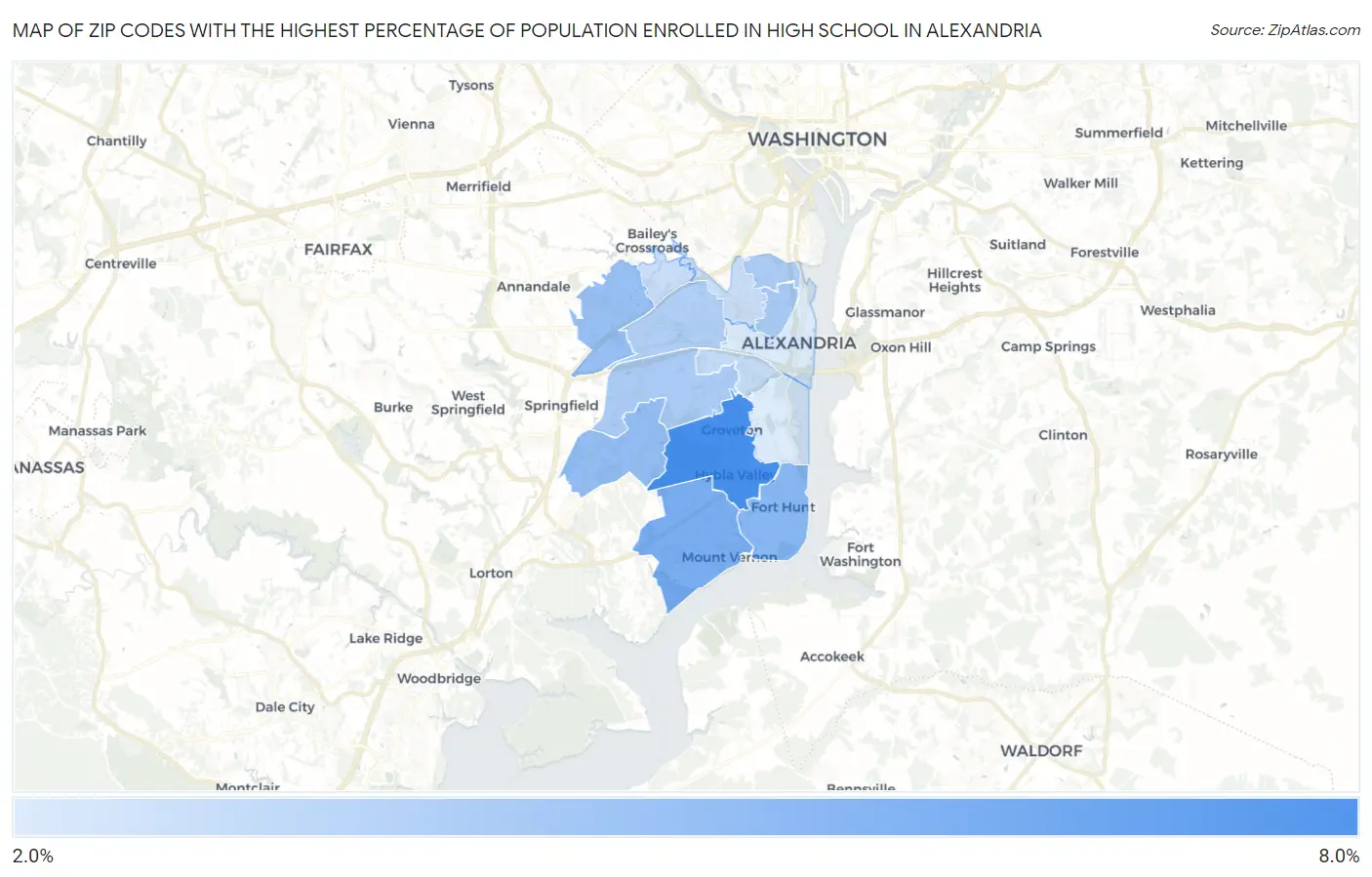Zip Codes with the Highest Percentage of Population Enrolled in High School in Alexandria Map