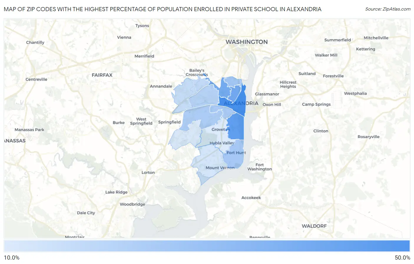 Zip Codes with the Highest Percentage of Population Enrolled in Private School in Alexandria Map