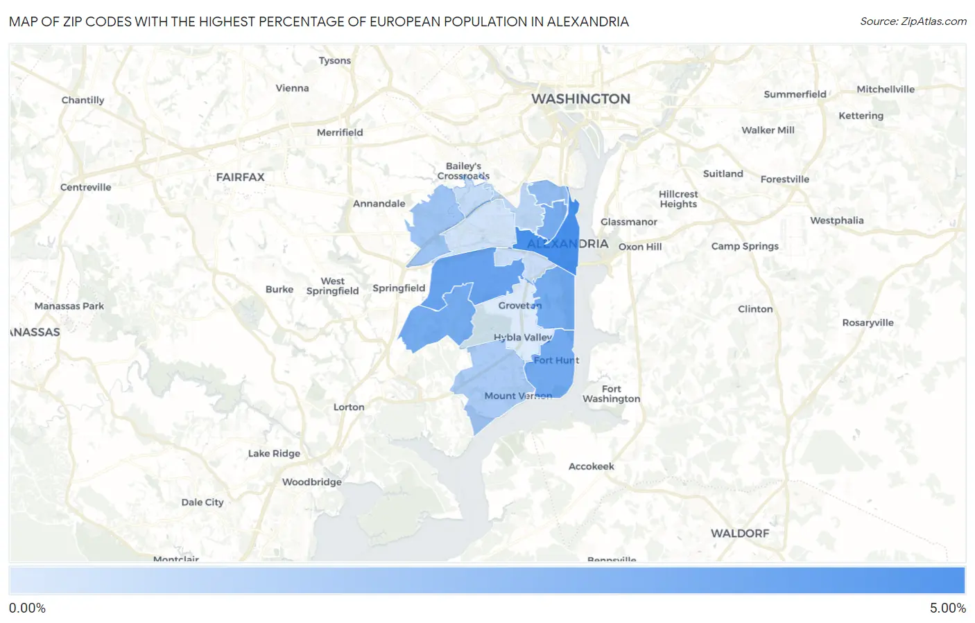 Zip Codes with the Highest Percentage of European Population in Alexandria Map
