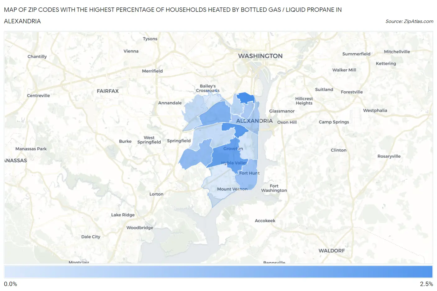 Zip Codes with the Highest Percentage of Households Heated by Bottled Gas / Liquid Propane in Alexandria Map