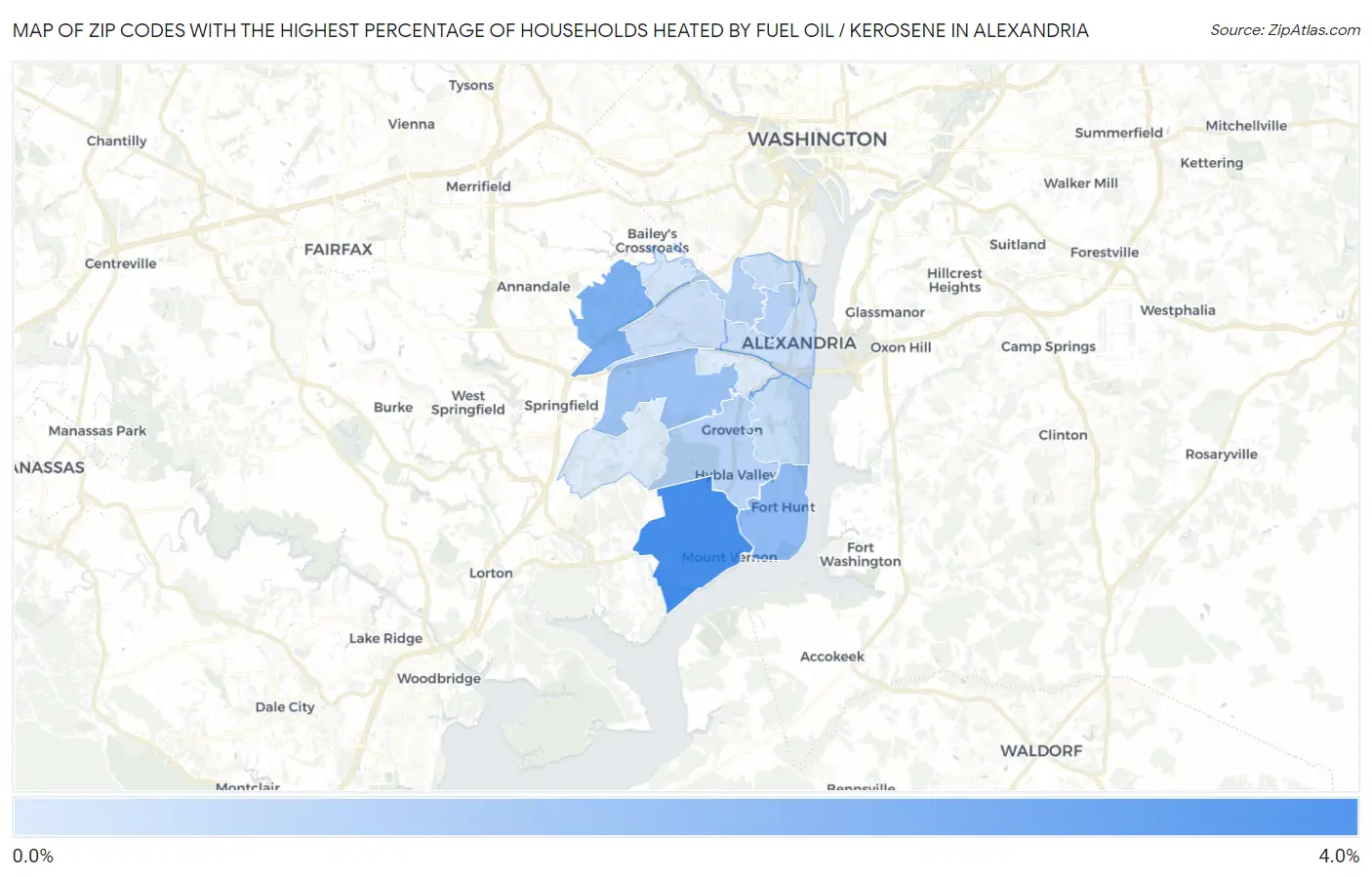 Zip Codes with the Highest Percentage of Households Heated by Fuel Oil / Kerosene in Alexandria Map