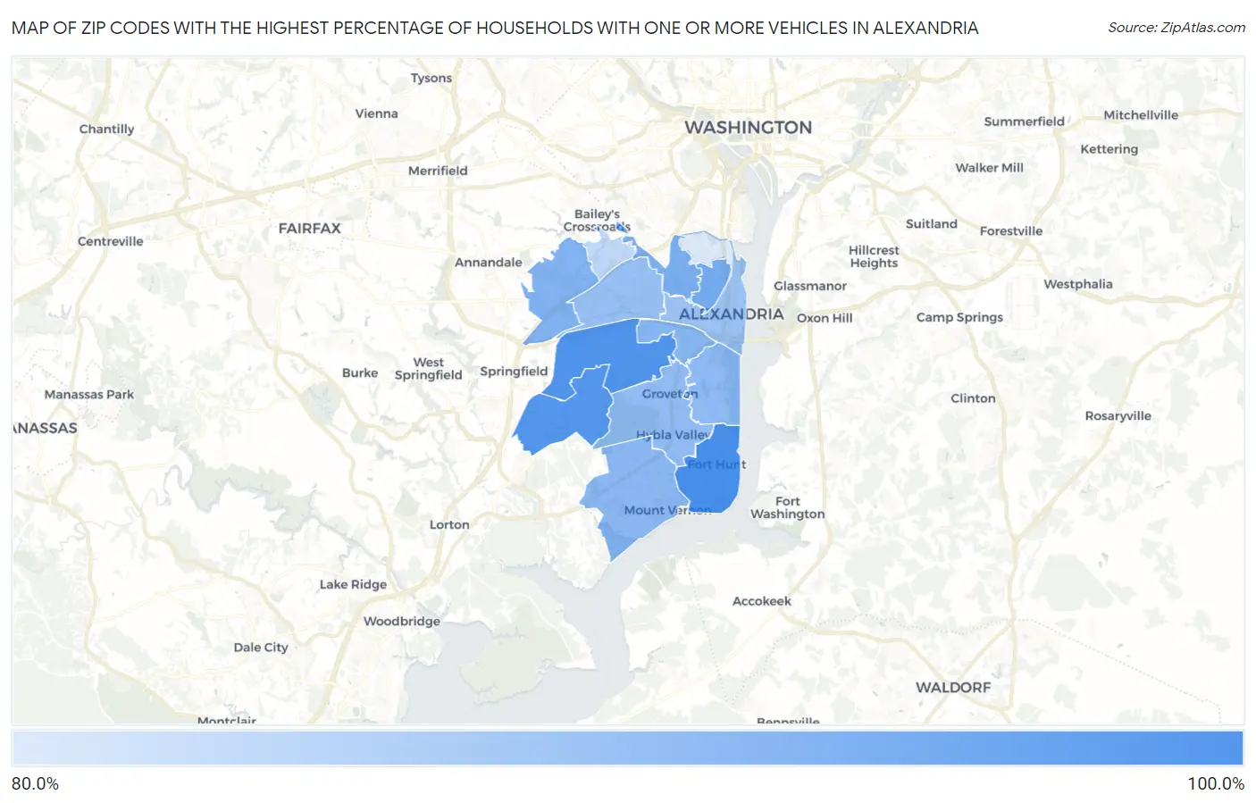Zip Codes with the Highest Percentage of Households With One or more Vehicles in Alexandria Map