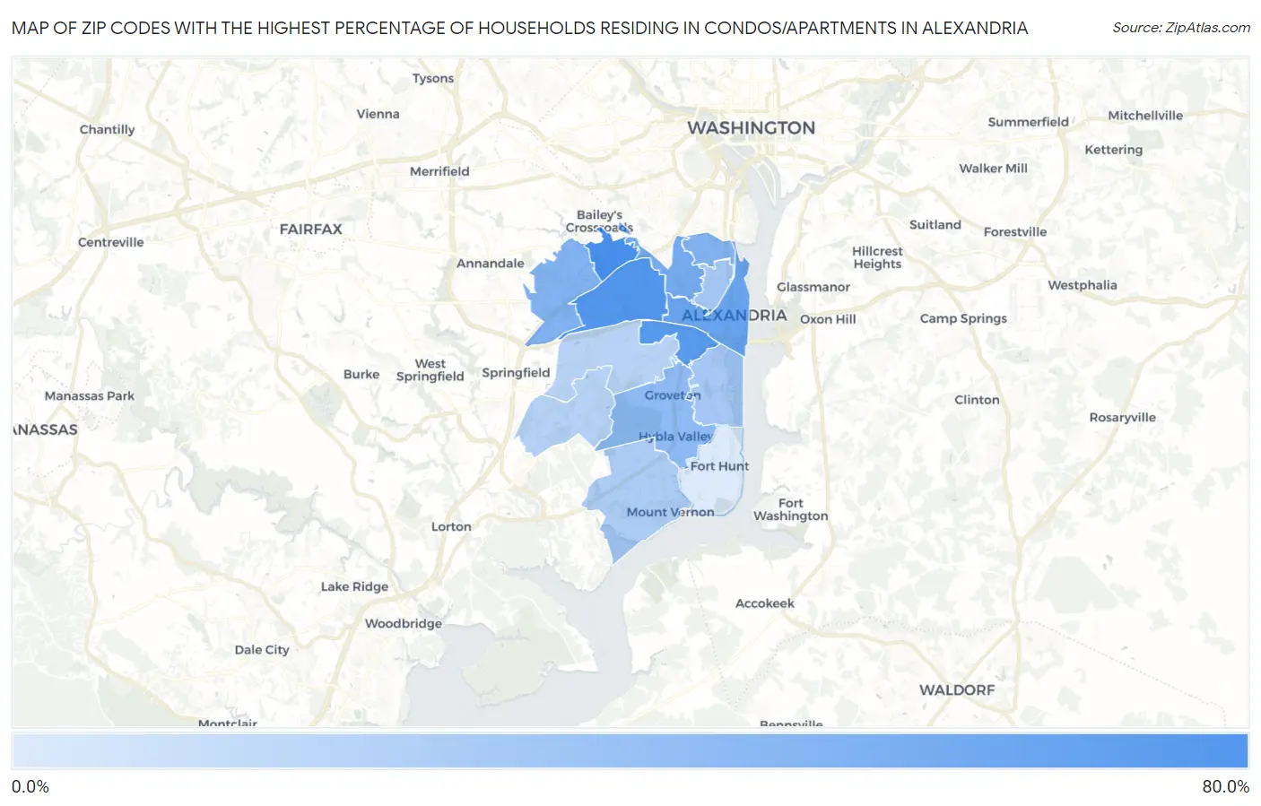 Zip Codes with the Highest Percentage of Households Residing in Condos/Apartments in Alexandria Map
