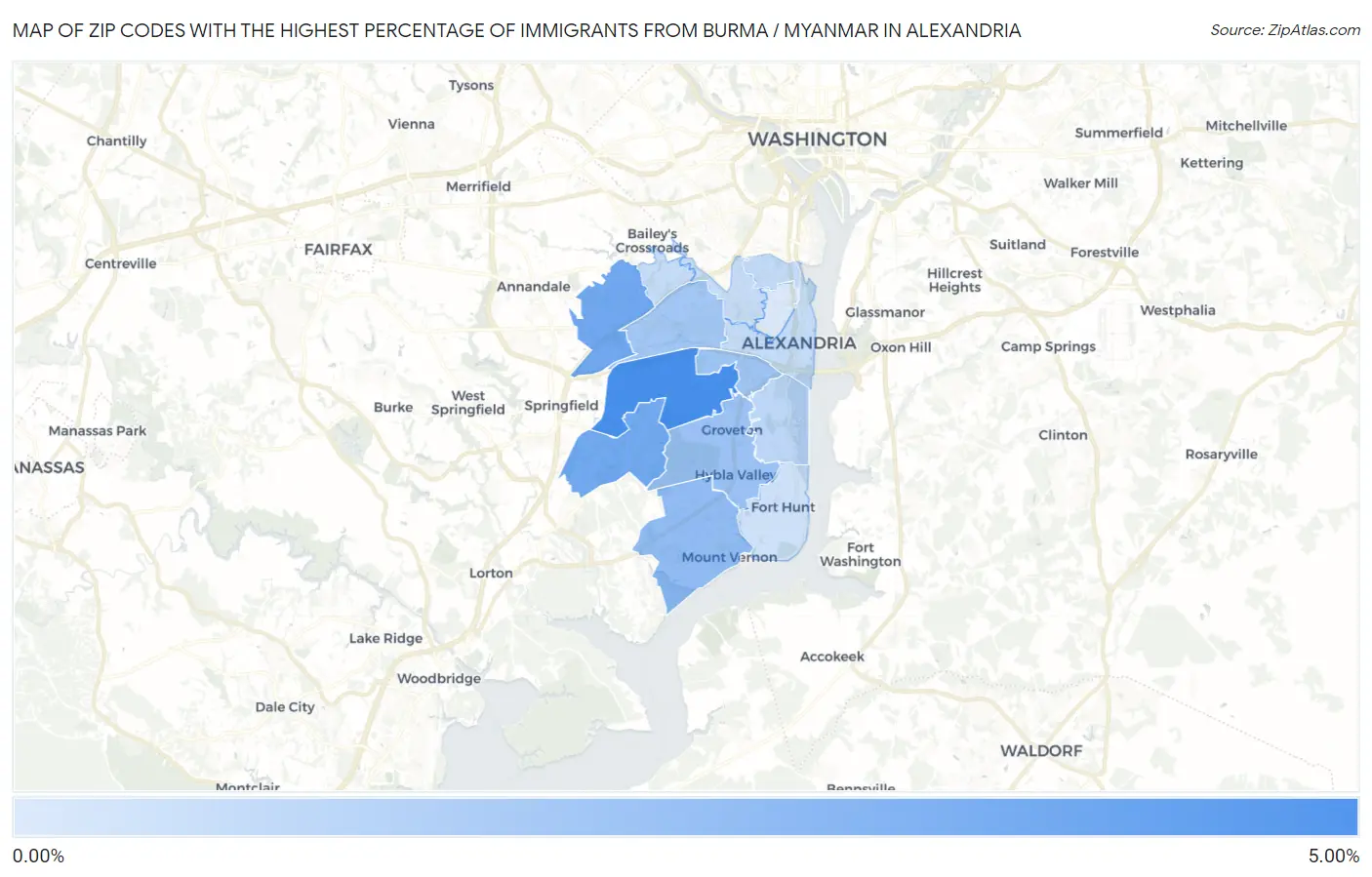 Zip Codes with the Highest Percentage of Immigrants from Burma / Myanmar in Alexandria Map