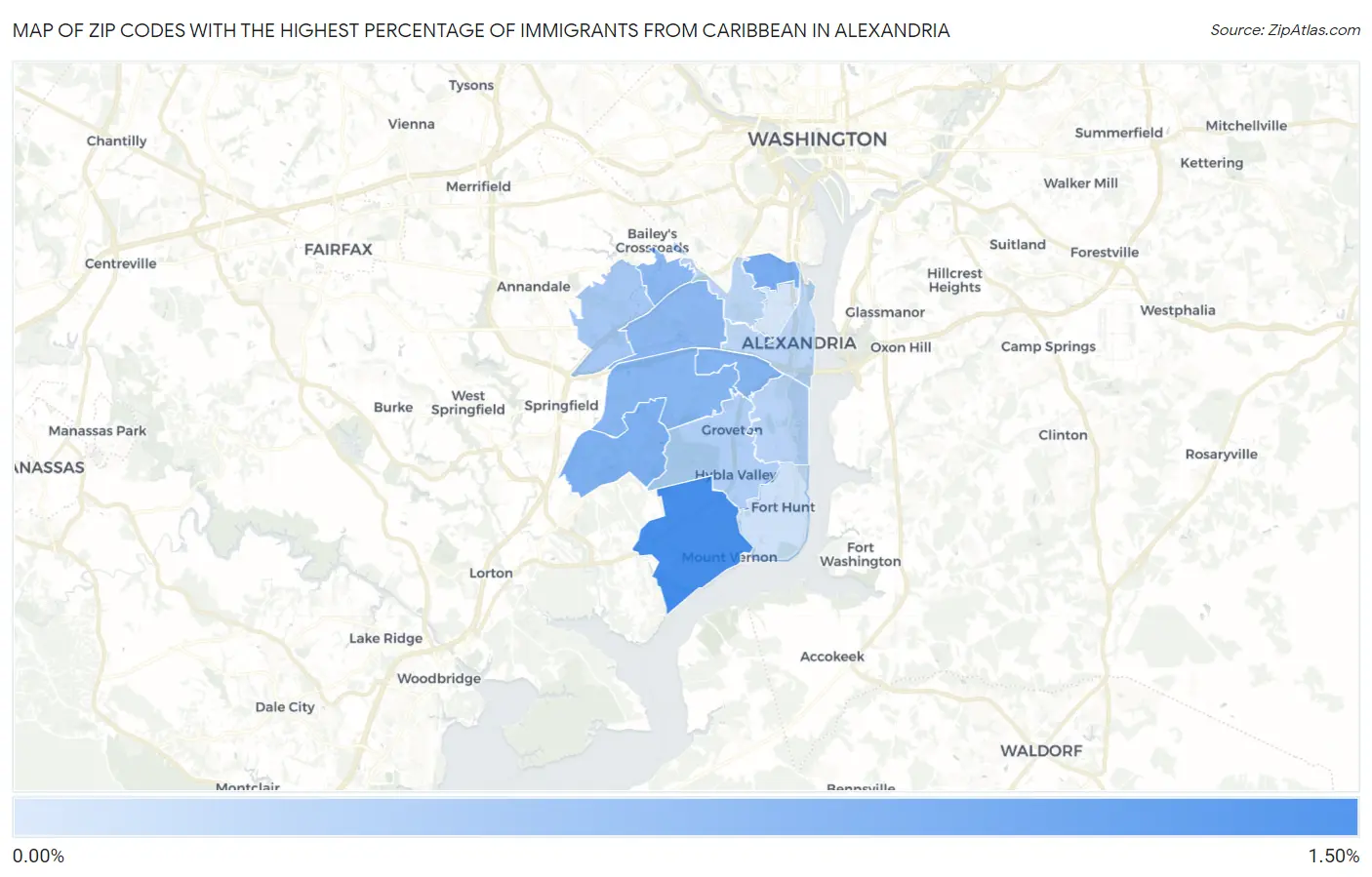 Zip Codes with the Highest Percentage of Immigrants from Caribbean in Alexandria Map