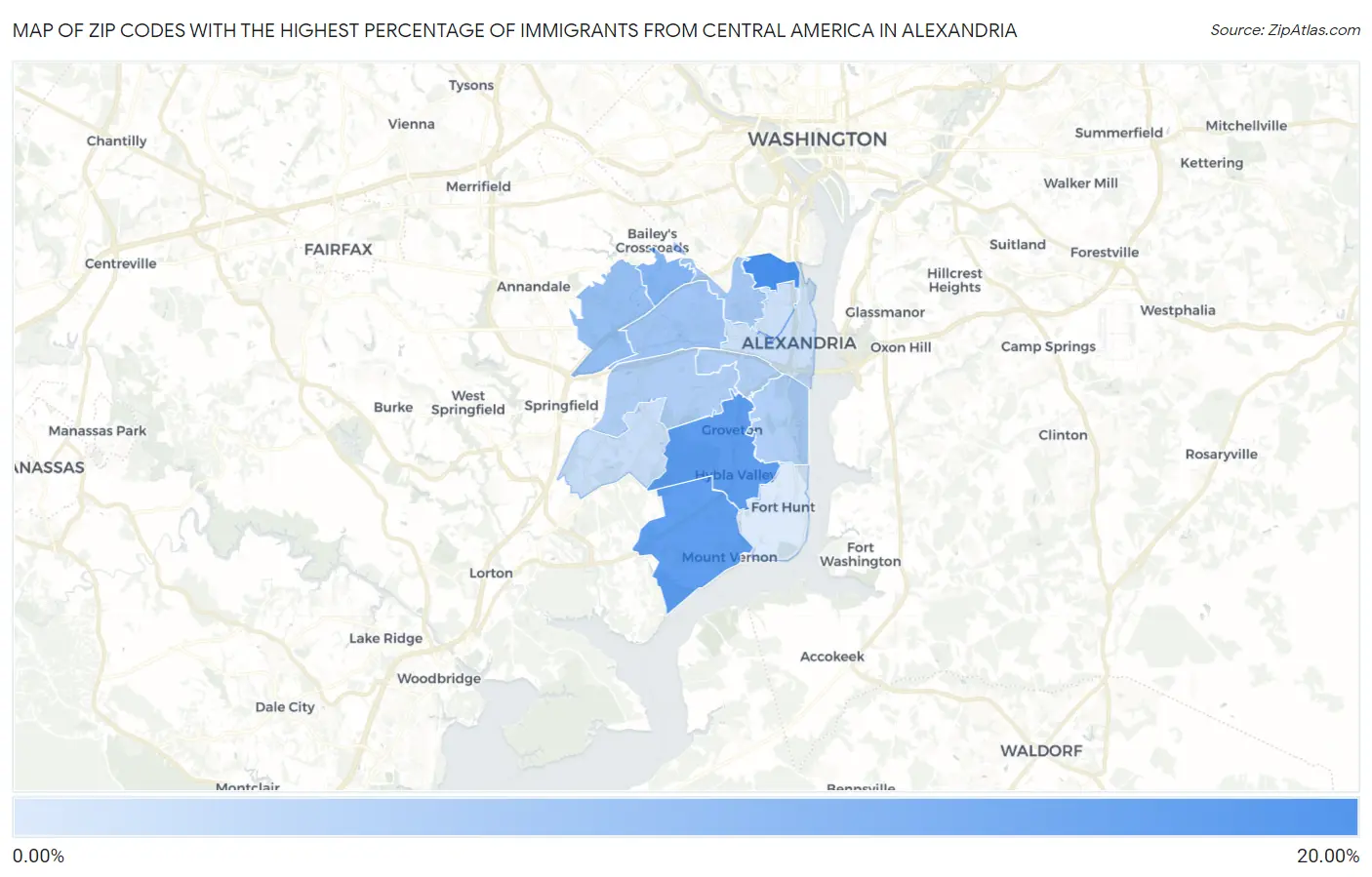 Zip Codes with the Highest Percentage of Immigrants from Central America in Alexandria Map